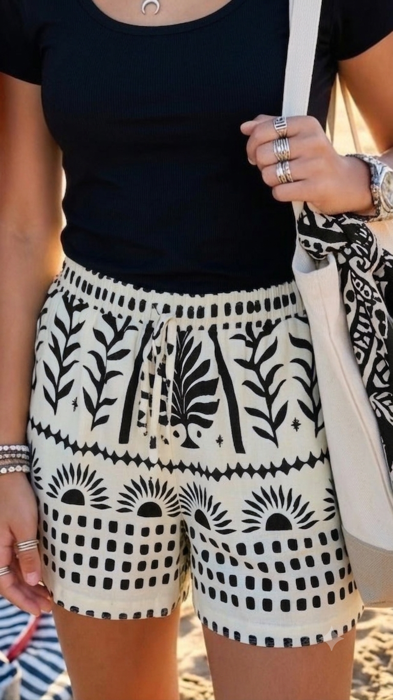 TIA - Printed High Waisted Drawstring Shorts White