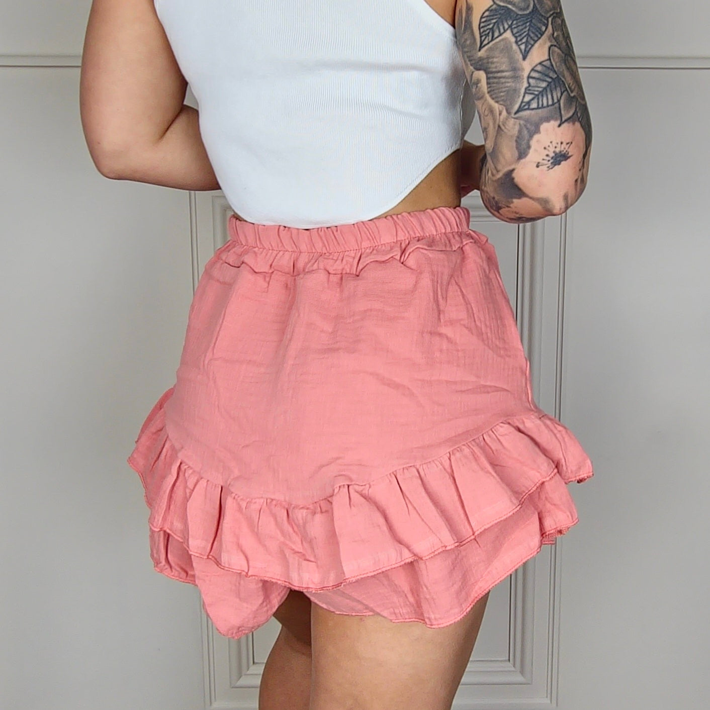 ALICIA - Cotton Cheesecloth Style Frill Skort Coral