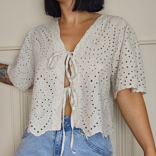 BELLE - Broderie Style Scallop Hem Tie Up Blouse