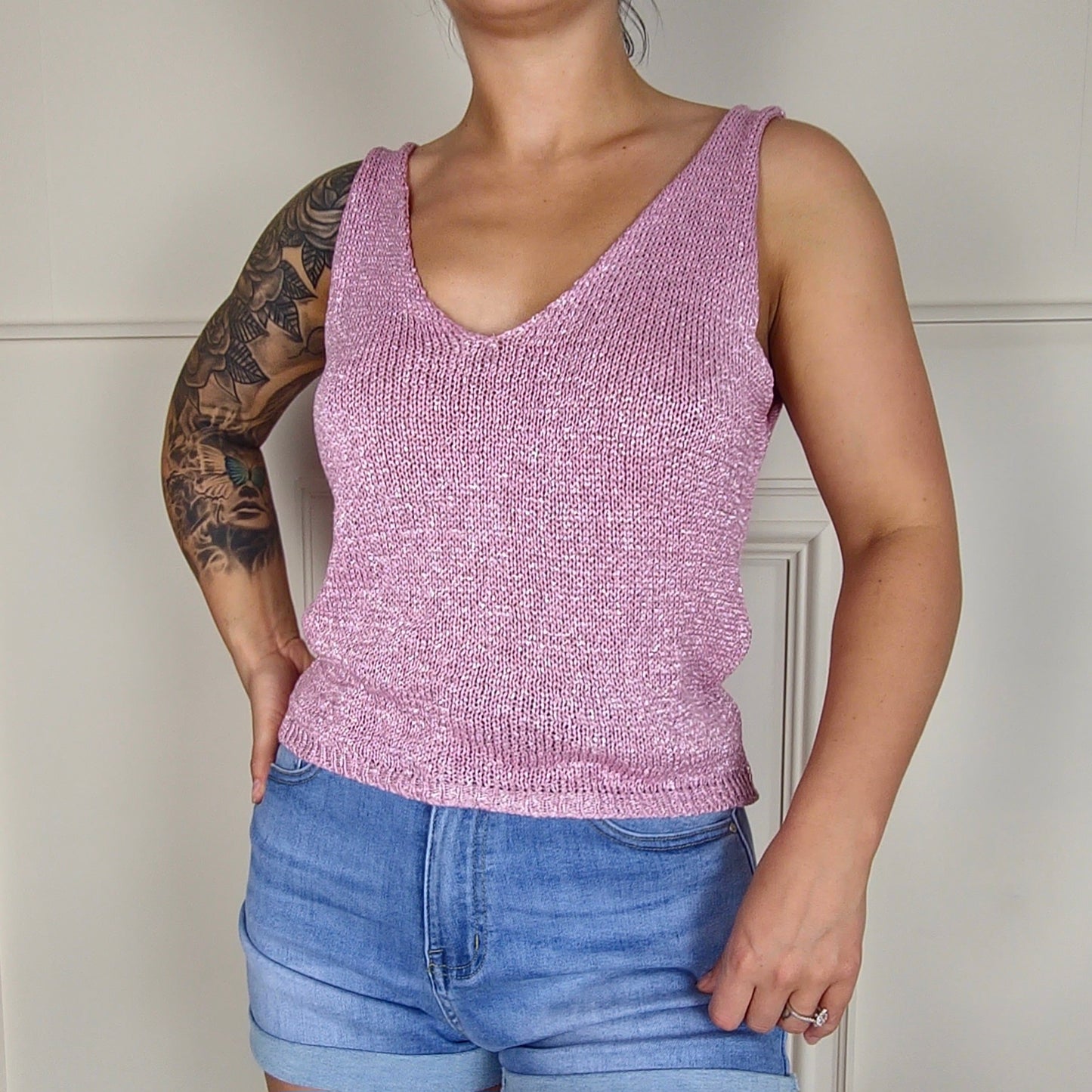 VERITY - Sleeveless Shimmer Short Vest Top Pink