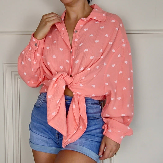 DINA - 100% Cotton Heart Shirt Coral