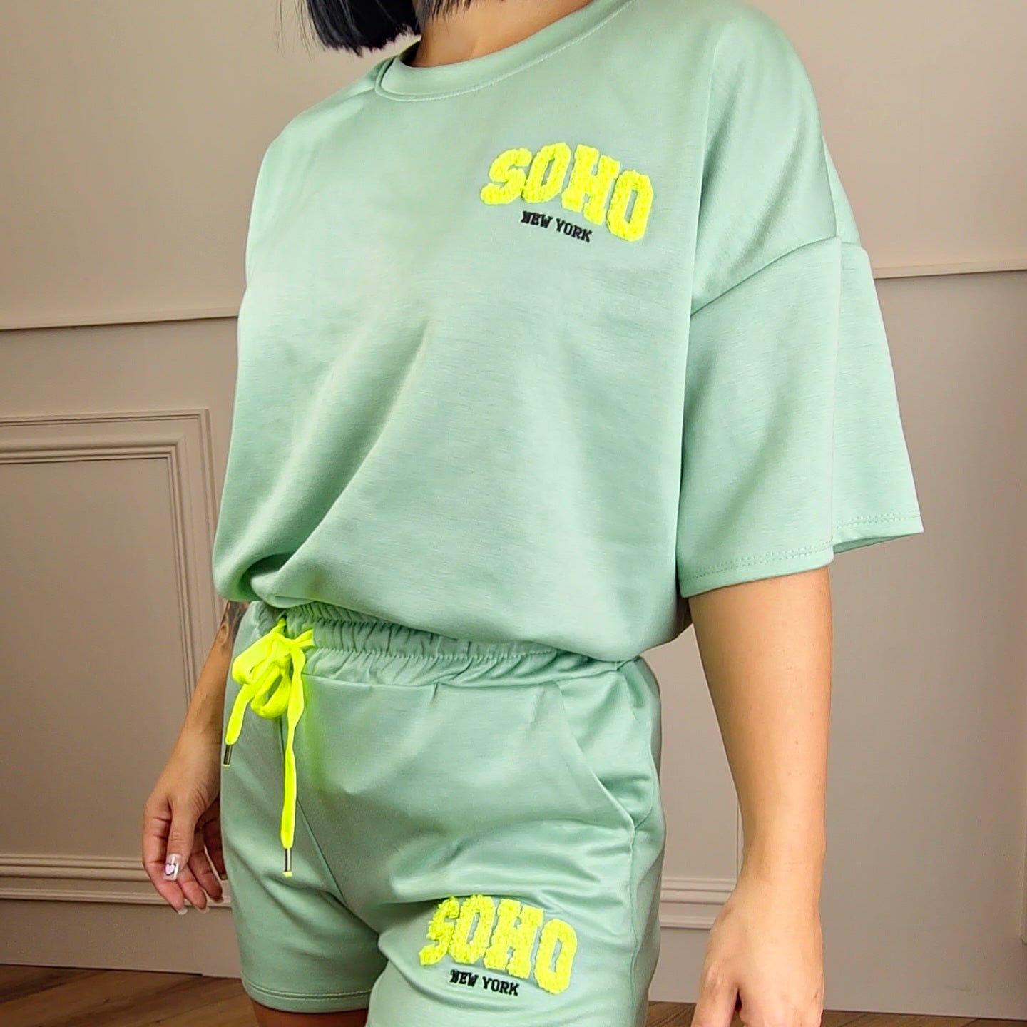SOHO - SOHO Embossed Slogan T-Shirt & Shorts Set