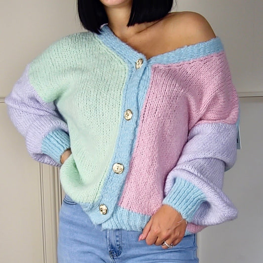 MISTY - Wool Blend Pastel Colour Block Contrast Cardigan