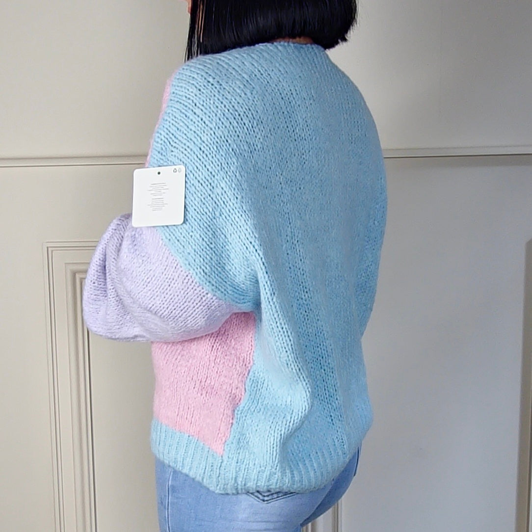 MISTY - Wool Blend Pastel Colour Block Contrast Cardigan