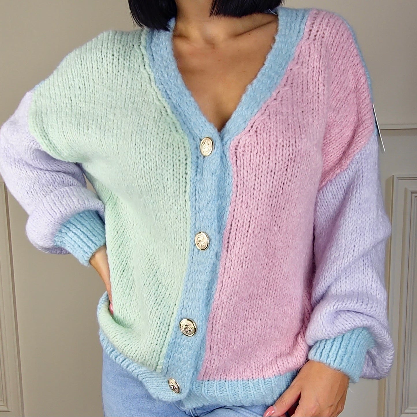MISTY - Wool Blend Pastel Colour Block Contrast Cardigan
