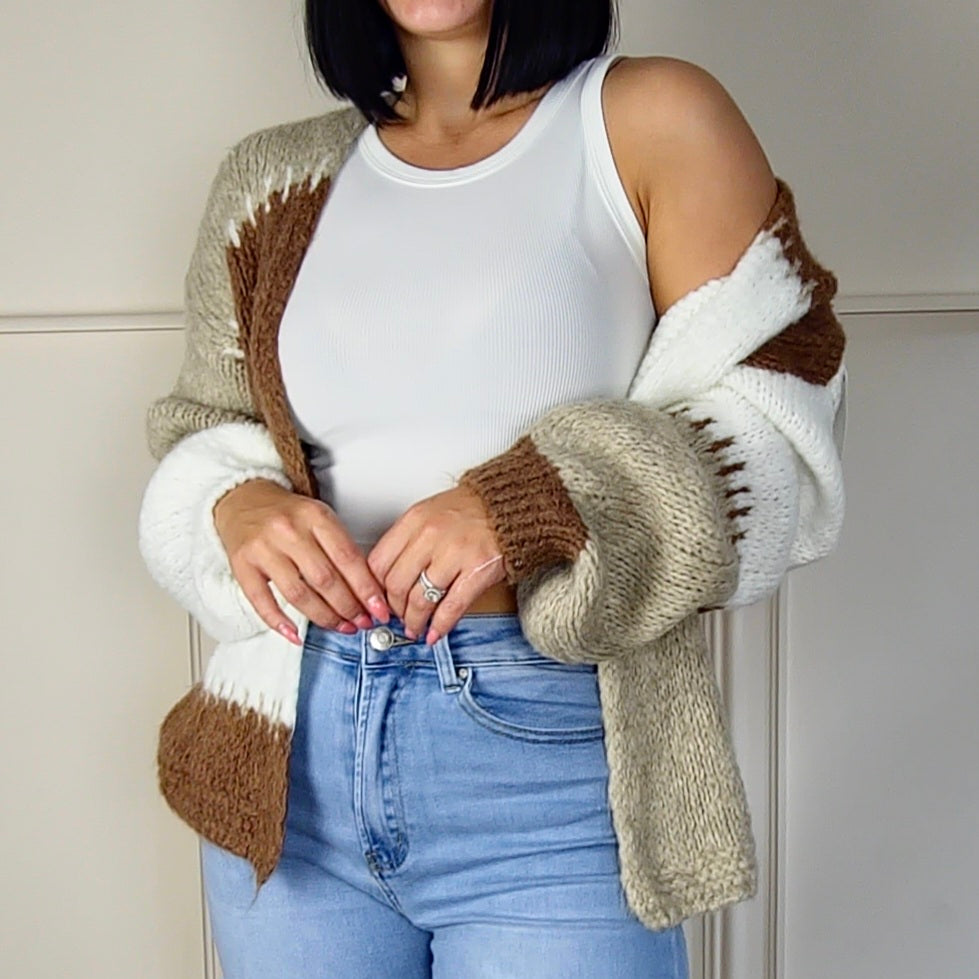 MARIAH - Wool Blend Contrast Colour Block Knitted Cardigan