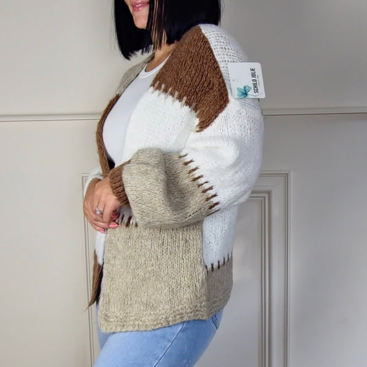 MARIAH - Wool Blend Contrast Colour Block Knitted Cardigan