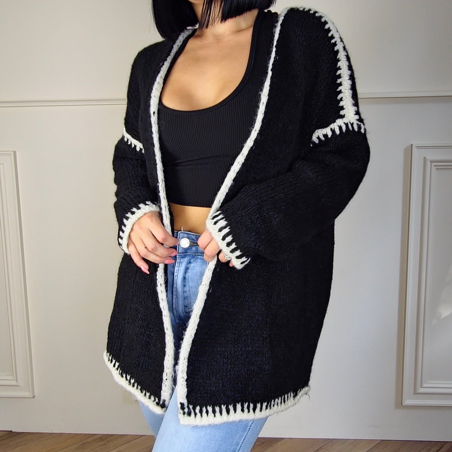 SADIE - Wool Blend Contrast Knitted Cardigan