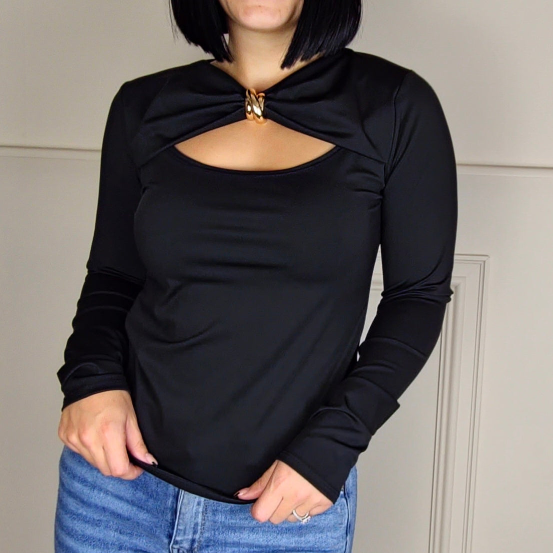 LATISHA - Gold Clasp Slinky Top Black