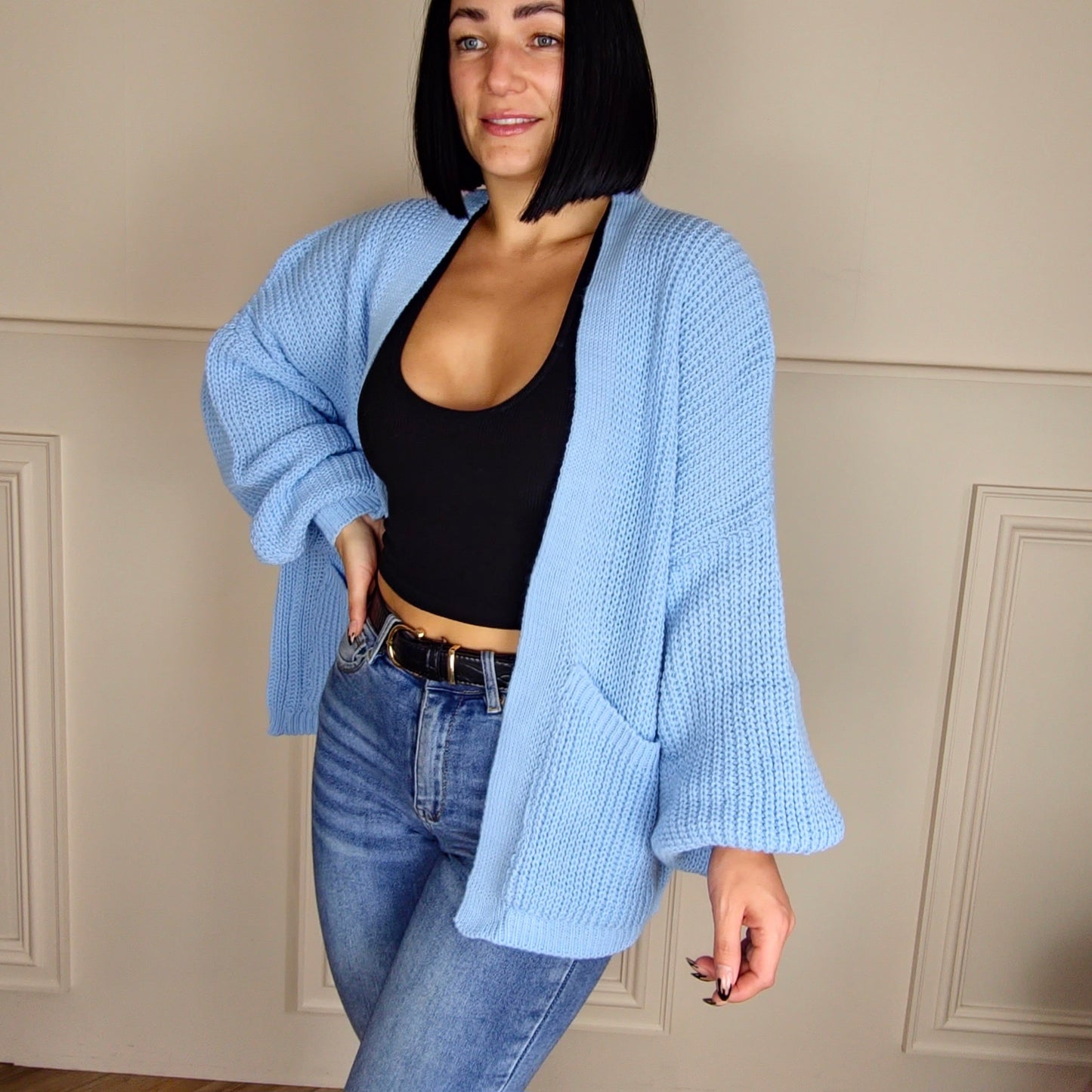 BELLA - Pocket Detail Knitted Cardigan Baby Blue