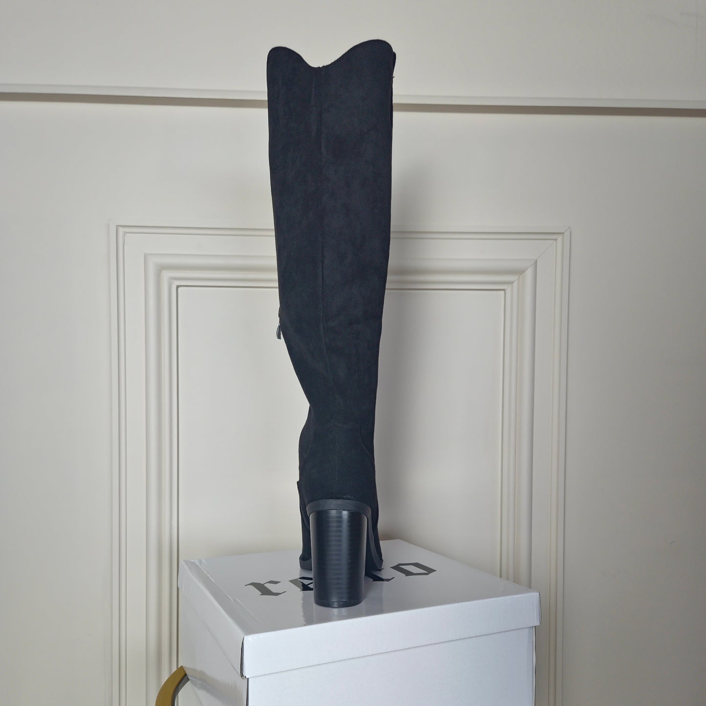 SHANIE - Knee High Black Suede Cowboy Block Heel Boot
