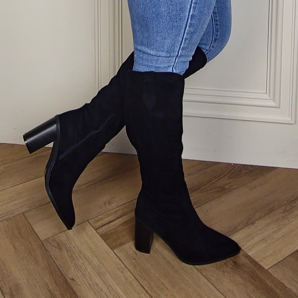 SHANIE - Knee High Black Suede Cowboy Block Heel Boot