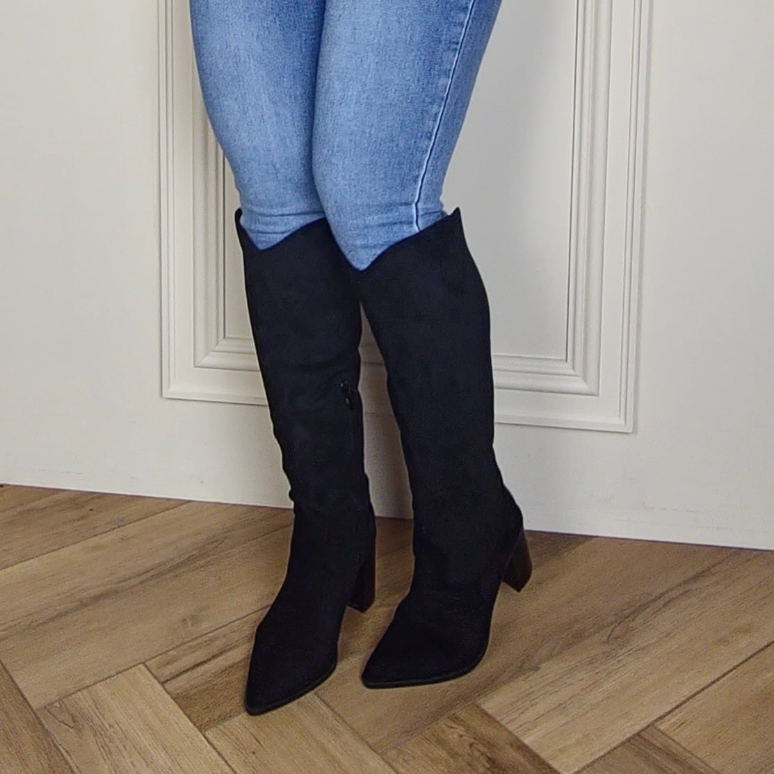 SHANIE - Knee High Black Suede Cowboy Block Heel Boot