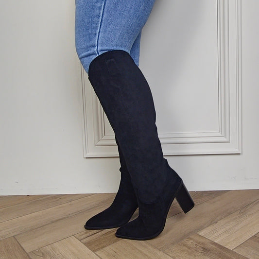 SHANIE - Knee High Black Suede Cowboy Block Heel Boot