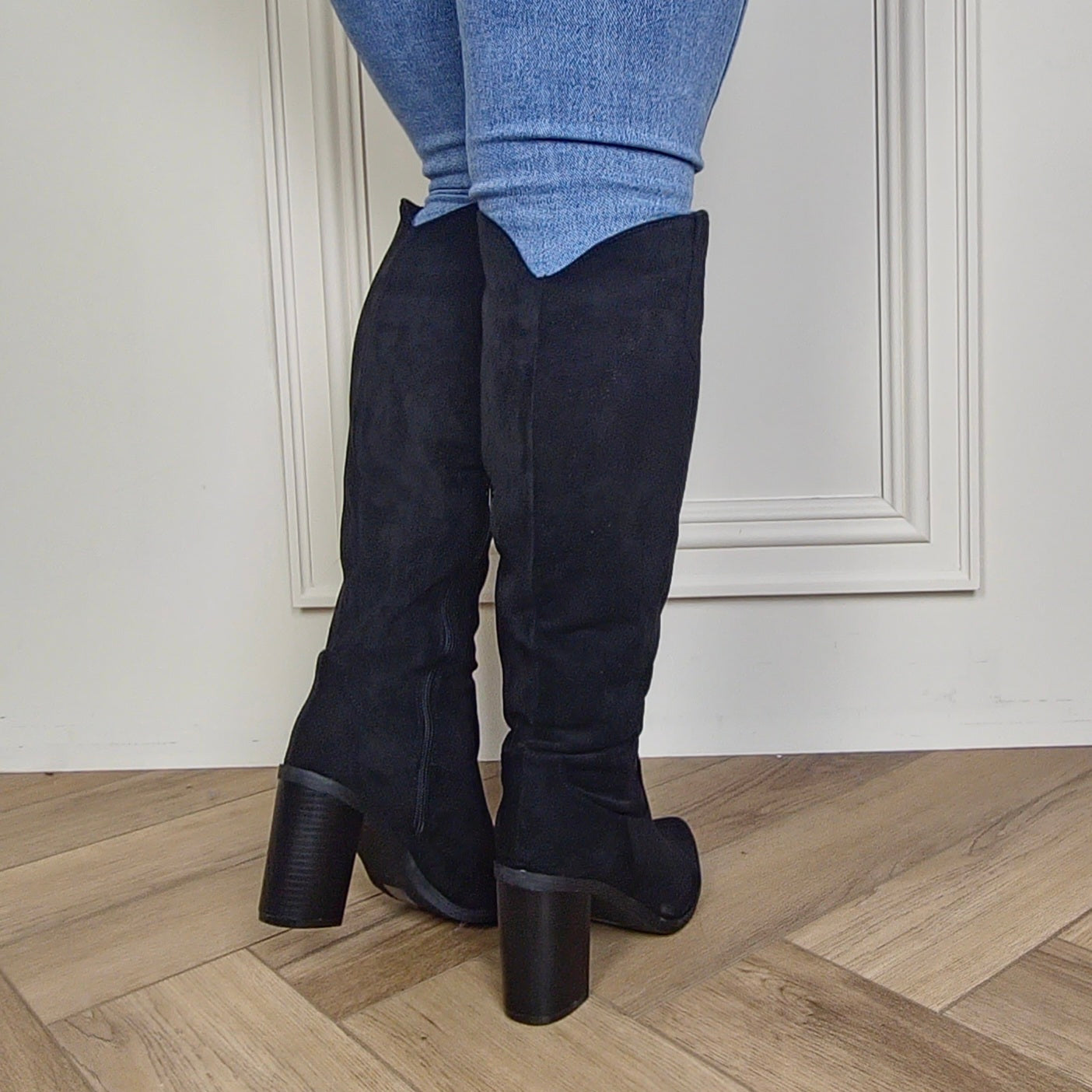 SHANIE - Knee High Black Suede Cowboy Block Heel Boot