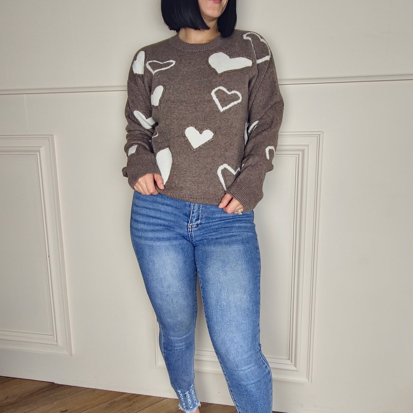 MILA - PREMIUM Contrast Heart Sweater Jumper Mocha