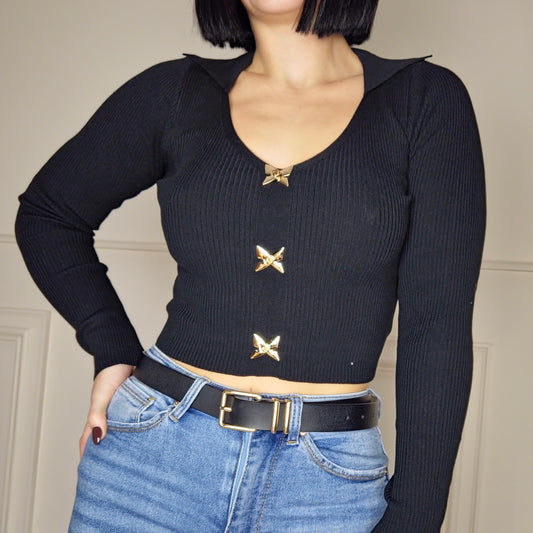 KAYDIS - Gold Clasp Detail Collared Ribbed Top