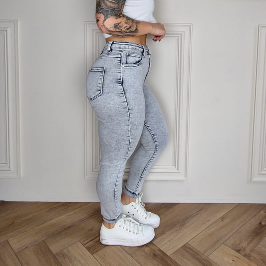 ETTA - High Waisted Stretch Denim Washed Grey Jeans