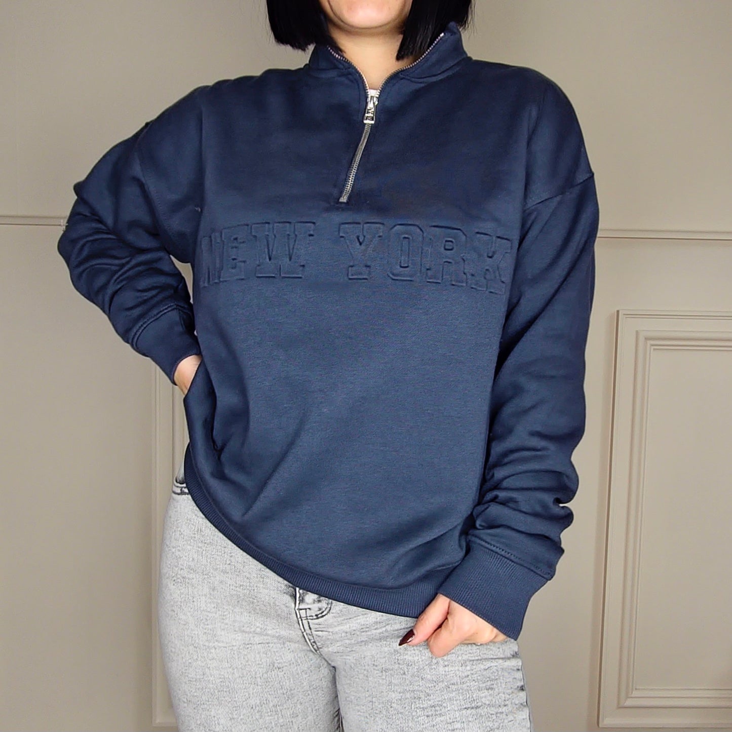 NEW YORK - Cotton Blend Embossed Fleece Lined Jumper Slate Blue