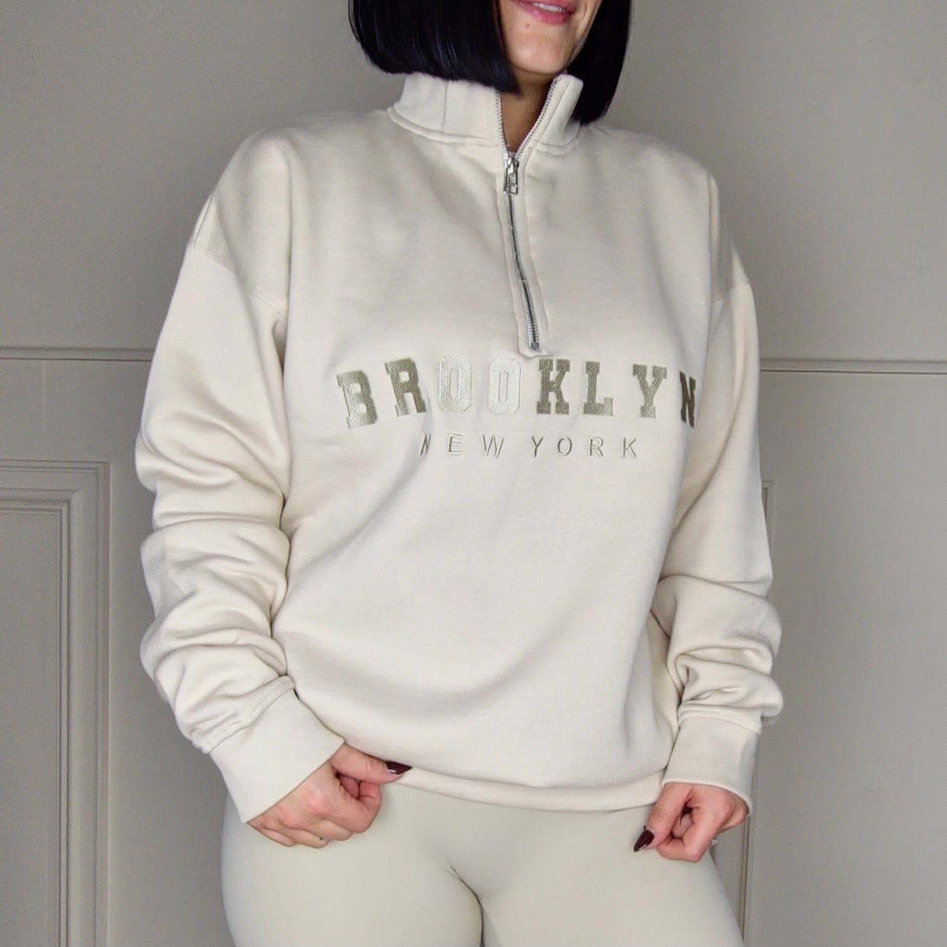 BROOKLYN - Embroided Cotton Blend Fleece Lined Jumper Cream