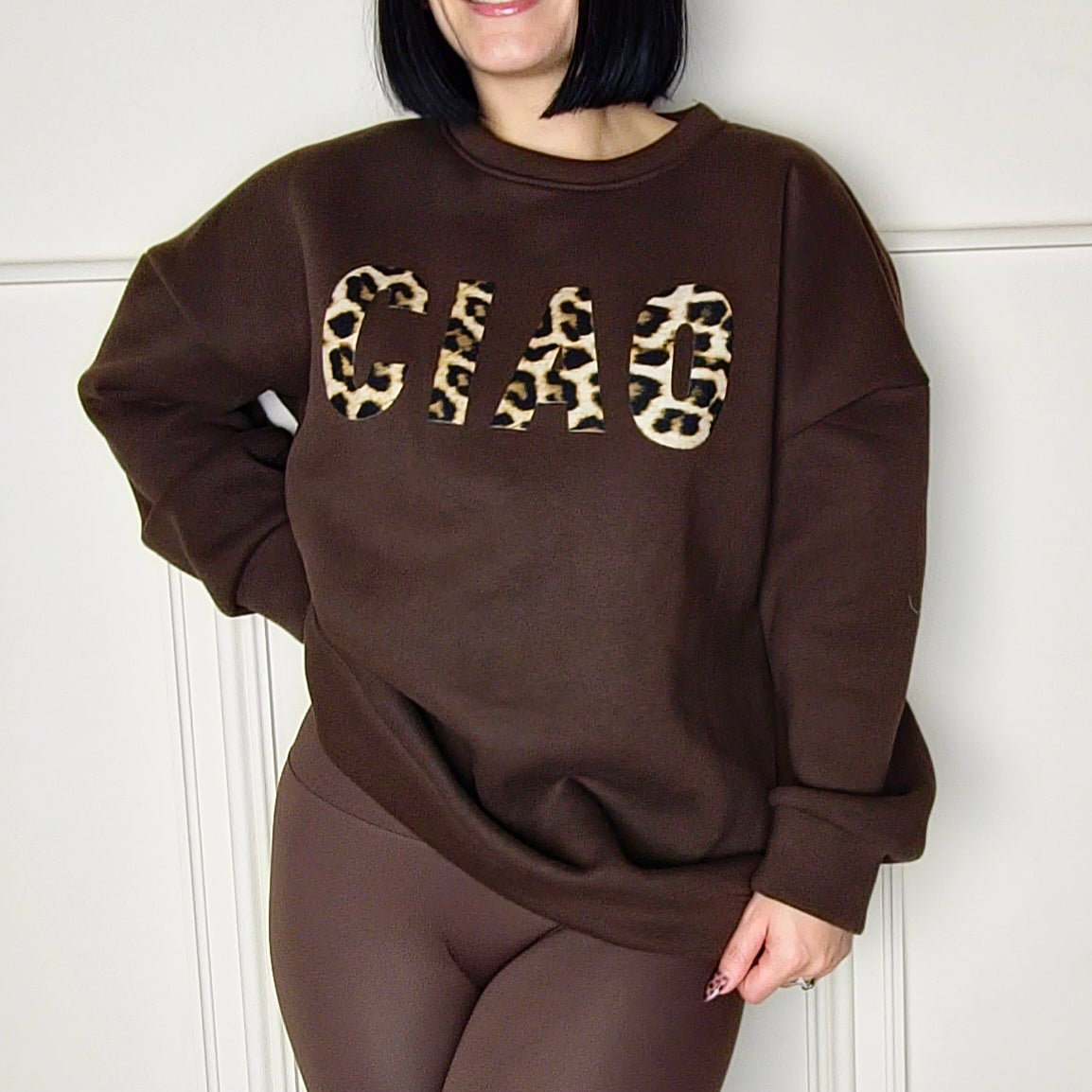 CIAO - Leopard Print Slogan Relaxed Fit Fleece Lined Sweatshirt