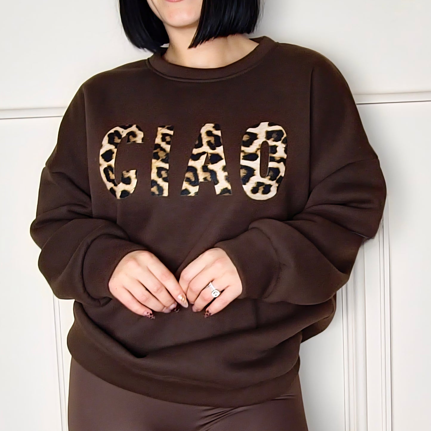 CIAO - Leopard Print Slogan Relaxed Fit Fleece Lined Sweatshirt