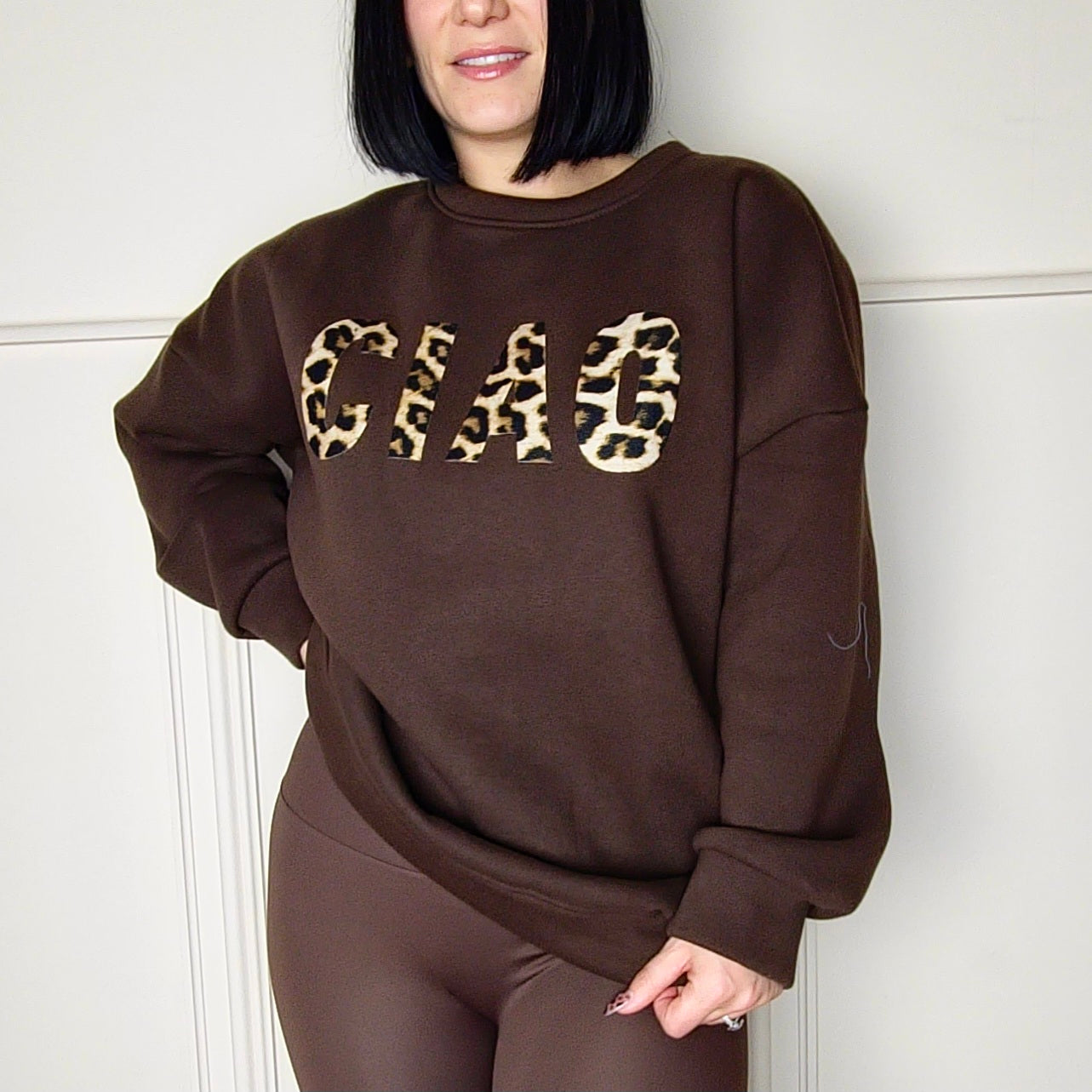 CIAO - Leopard Print Slogan Relaxed Fit Fleece Lined Sweatshirt
