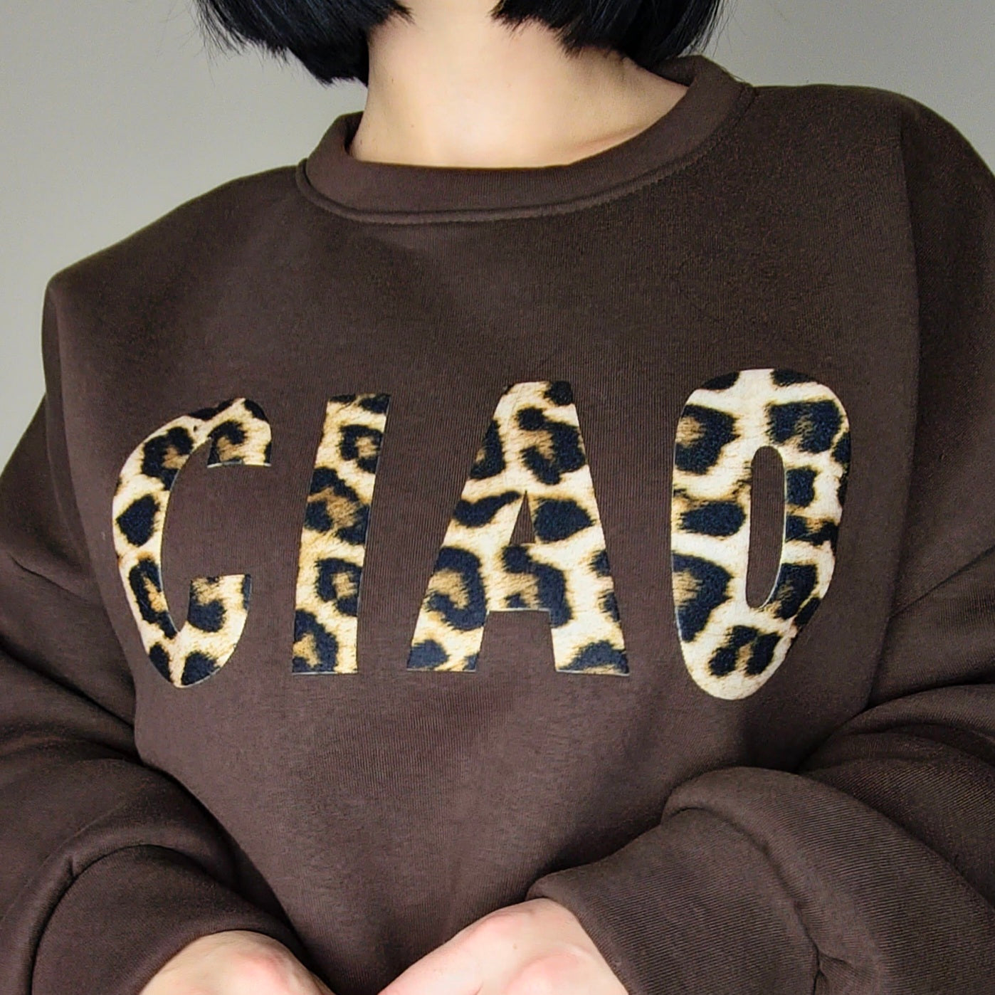 CIAO - Leopard Print Slogan Relaxed Fit Fleece Lined Sweatshirt