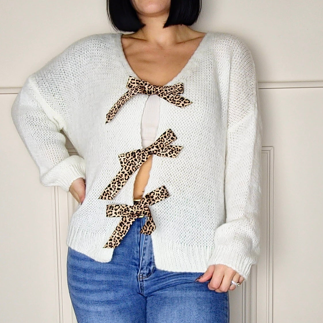 STEPHANIE - Leopard Tie Up Knitted Cardigan Cream