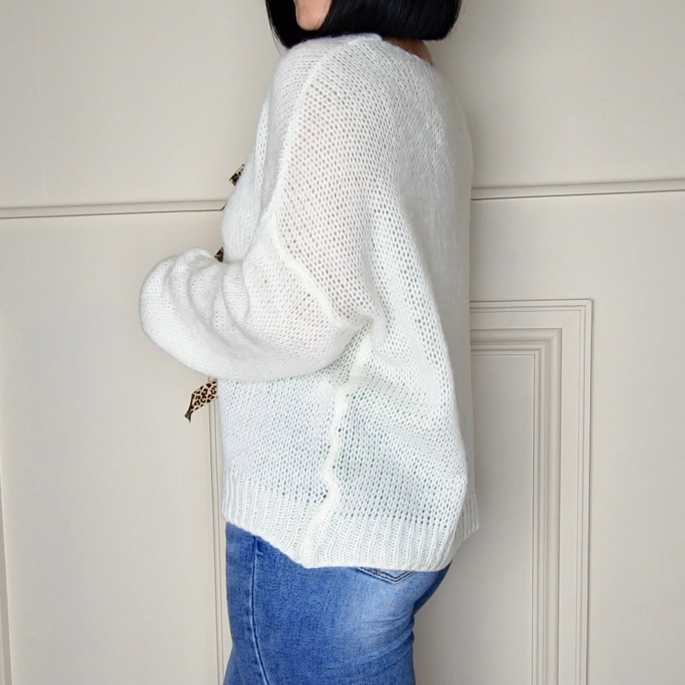 STEPHANIE - Leopard Tie Up Knitted Cardigan Cream