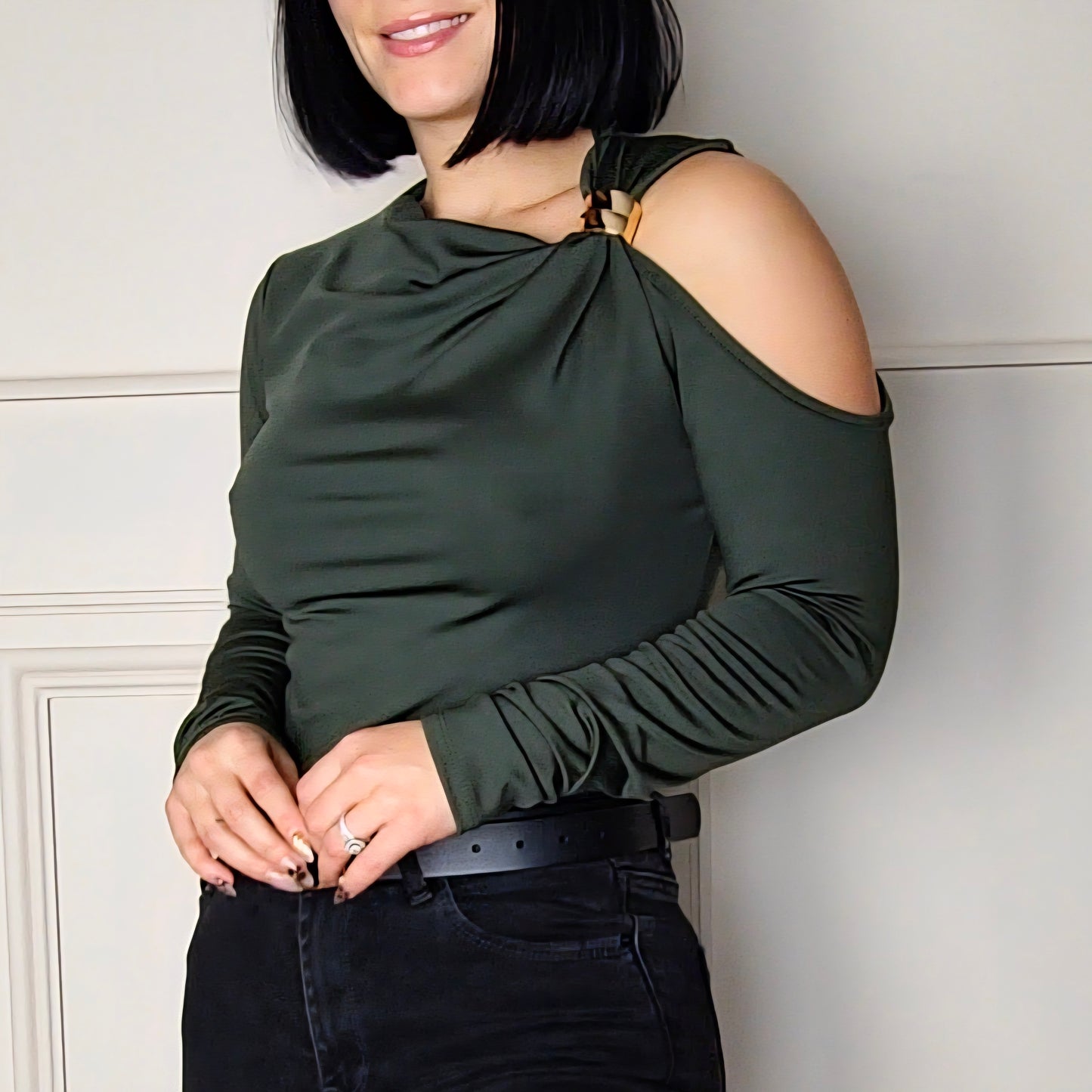 FARIA - Gold Clasp Cold Shoulder Style Top Khaki