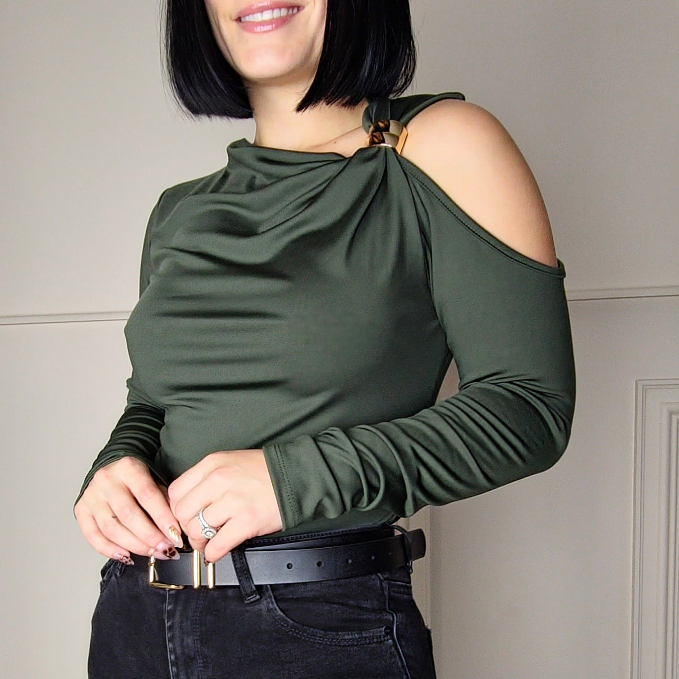 FARIA - Gold Clasp Cold Shoulder Style Top Khaki