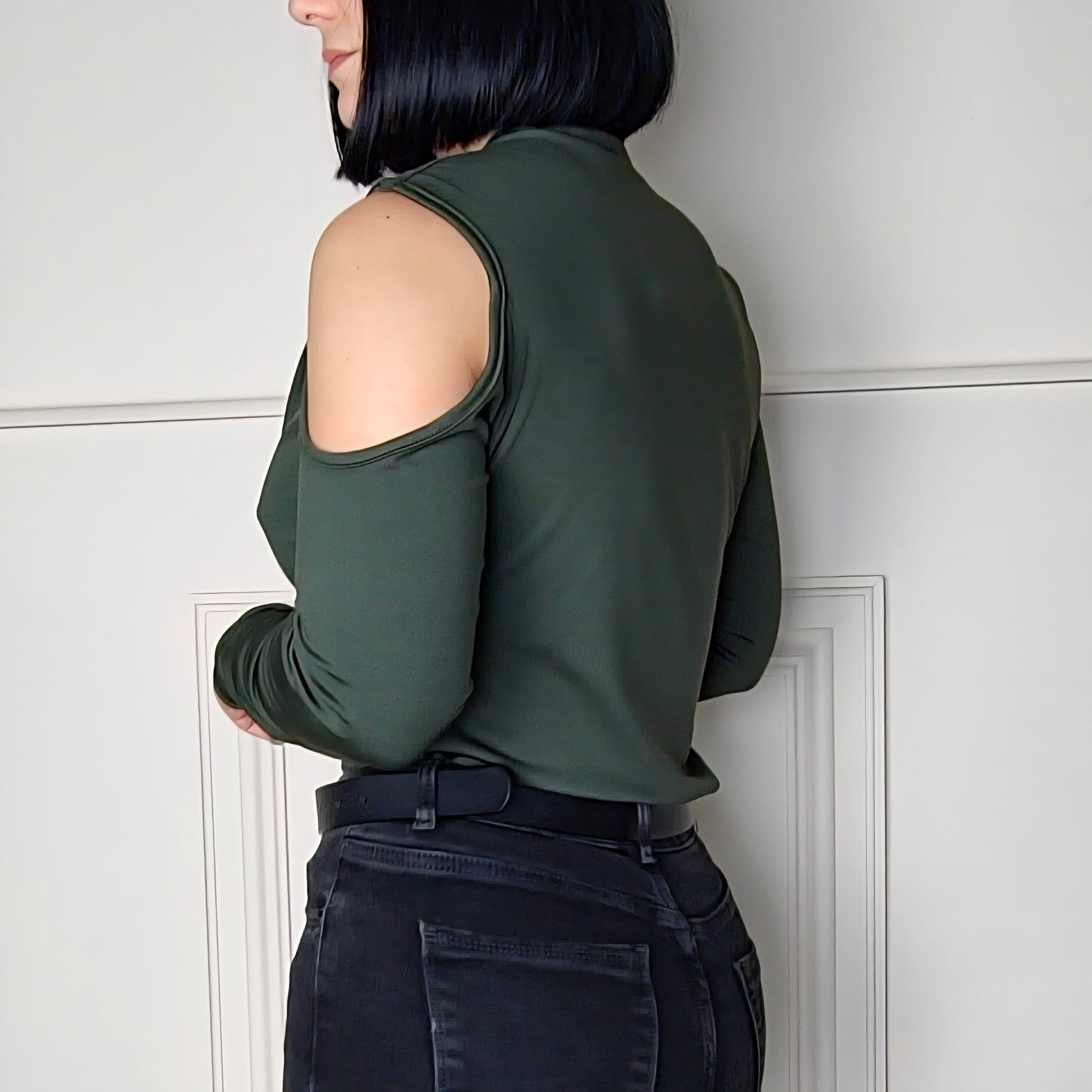 FARIA - Gold Clasp Cold Shoulder Style Top Khaki