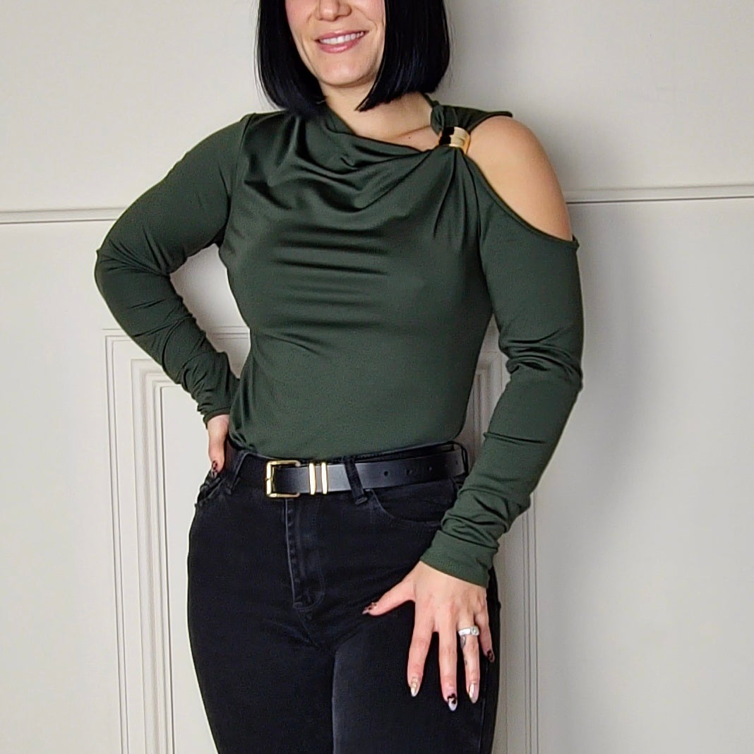 FARIA - Gold Clasp Cold Shoulder Style Top Khaki