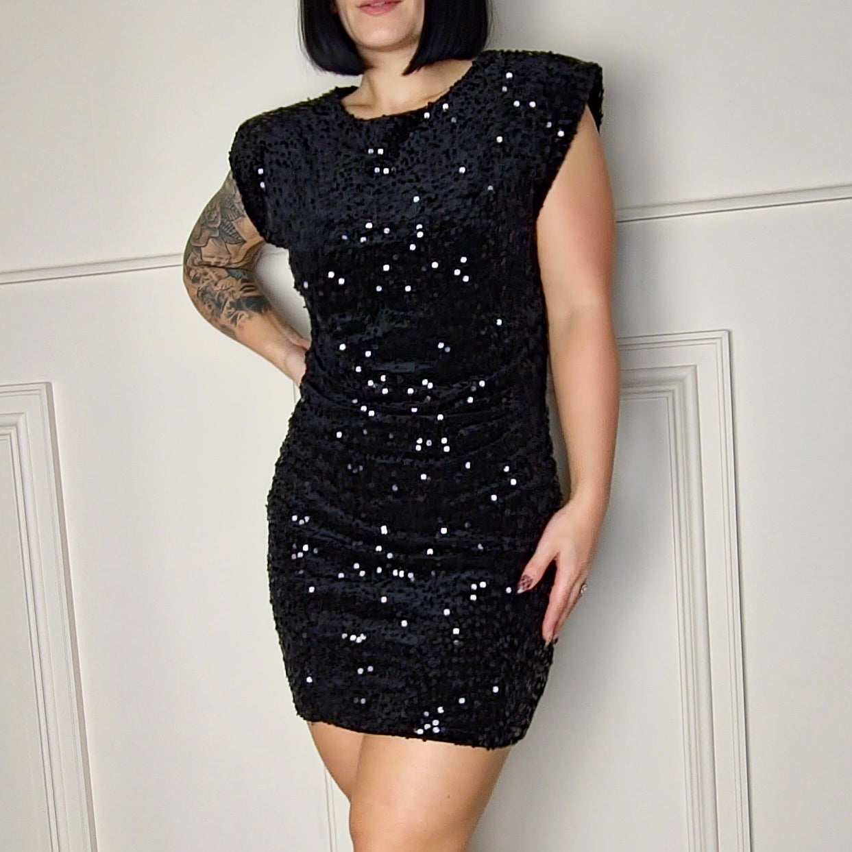 SERAPHINA - Sequin Ruched Shoulder Pad Dress