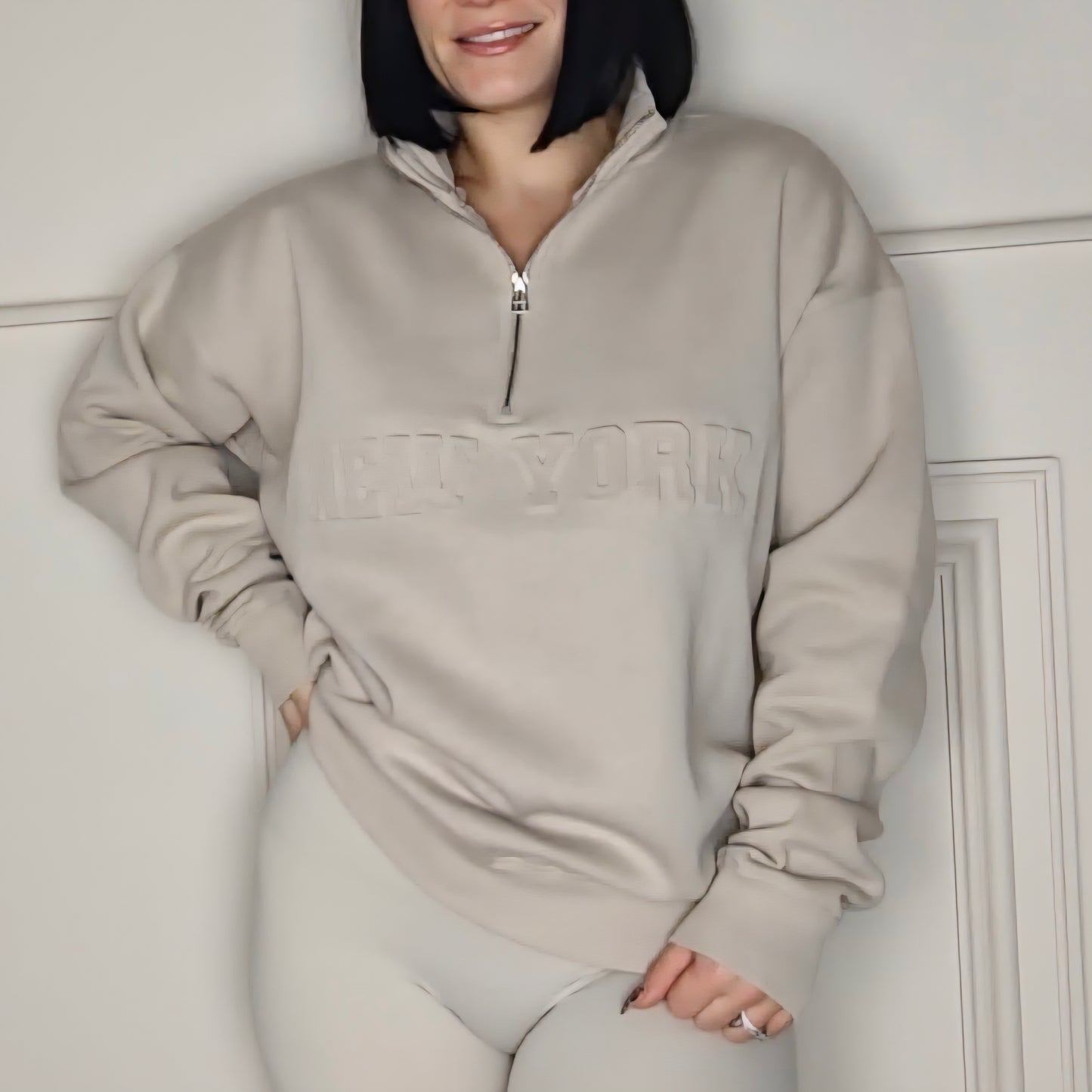 NEW YORK - Cotton Blend Embossed Fleece Lined Jumper Cream
