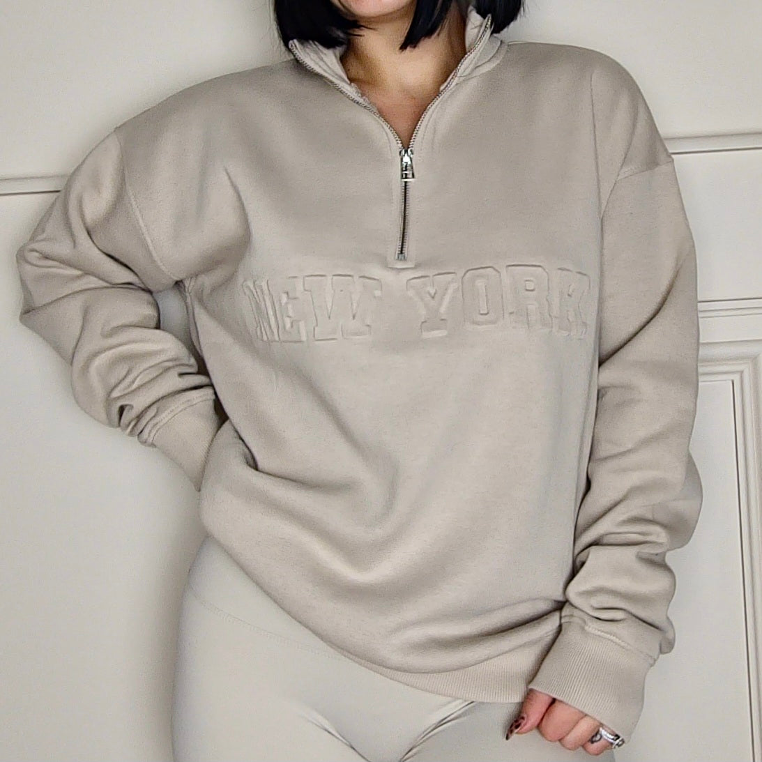 NEW YORK - Cotton Blend Embossed Fleece Lined Jumper Cream