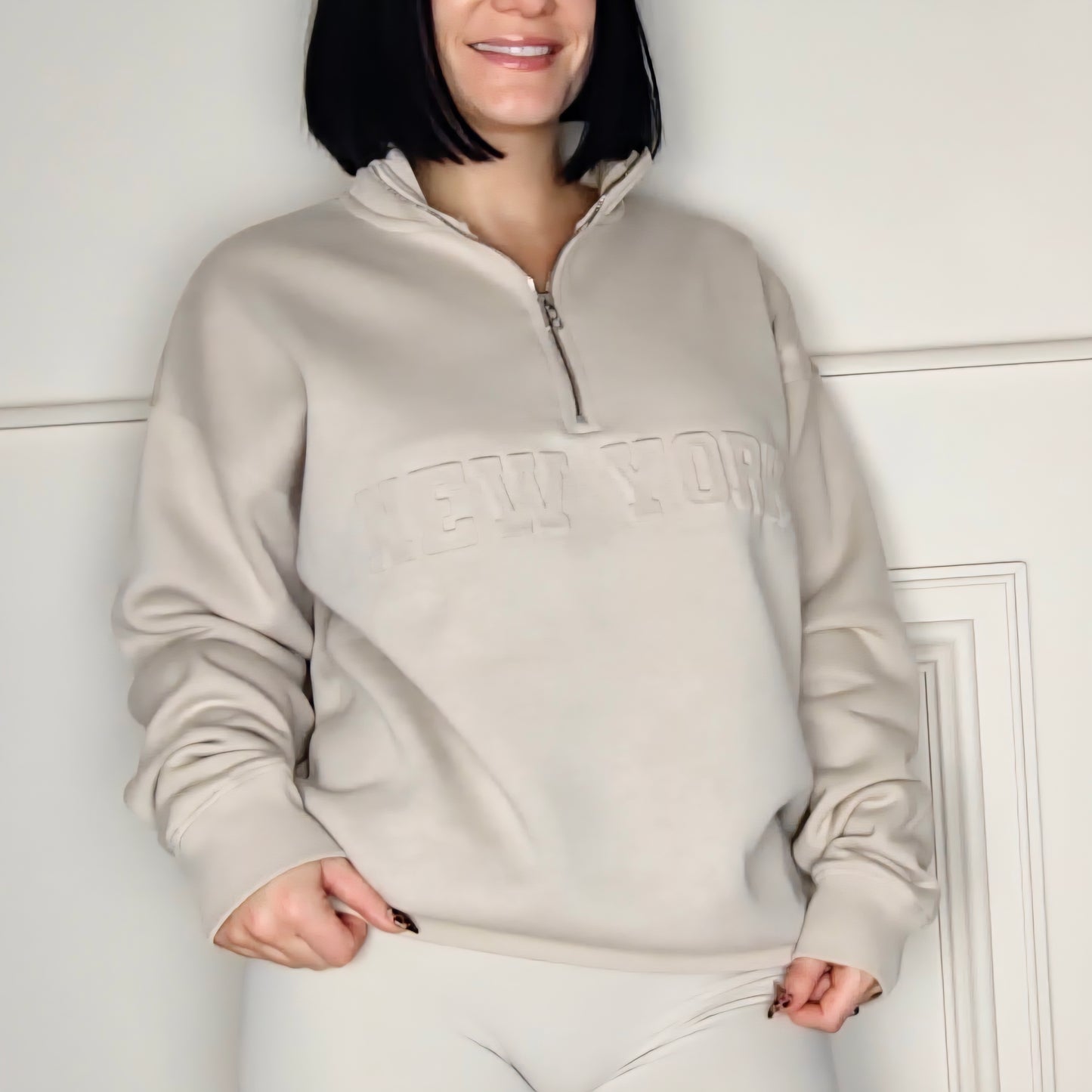 NEW YORK - Cotton Blend Embossed Fleece Lined Jumper Cream