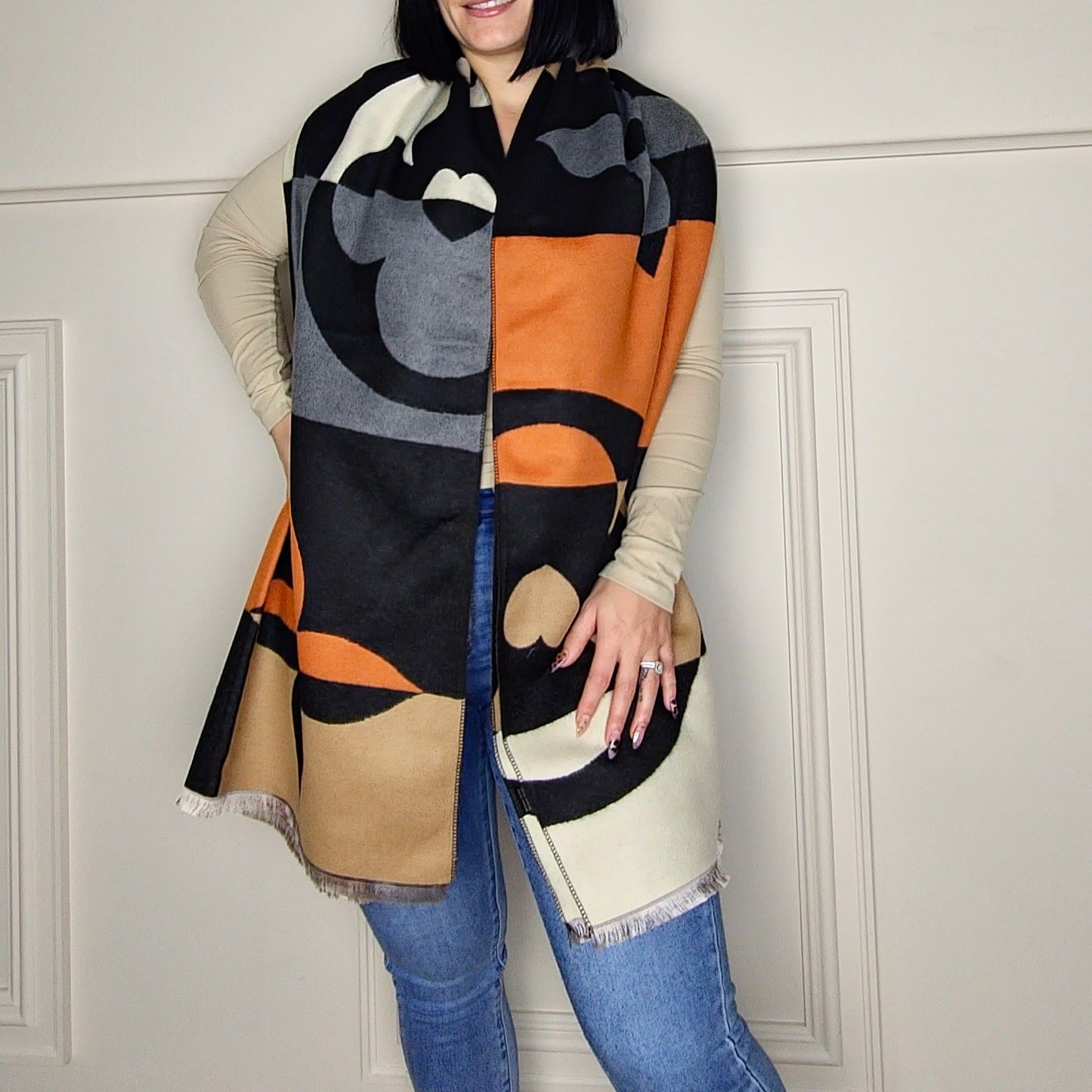 VALERIE - Motif Wool Blend Scarf Orange