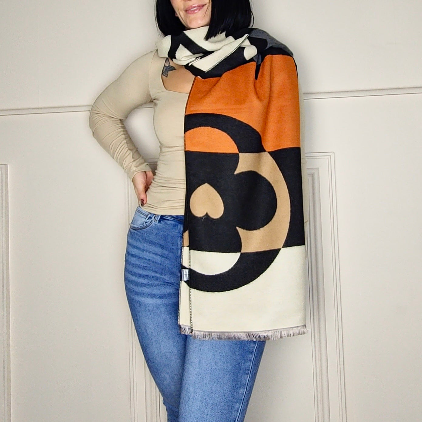 VALERIE - Motif Wool Blend Scarf Orange