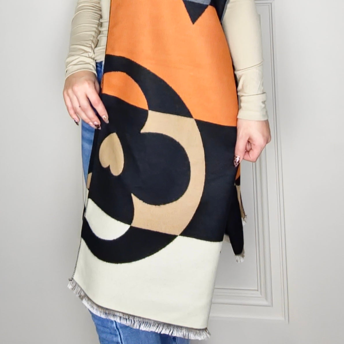 VALERIE - Motif Wool Blend Scarf Orange
