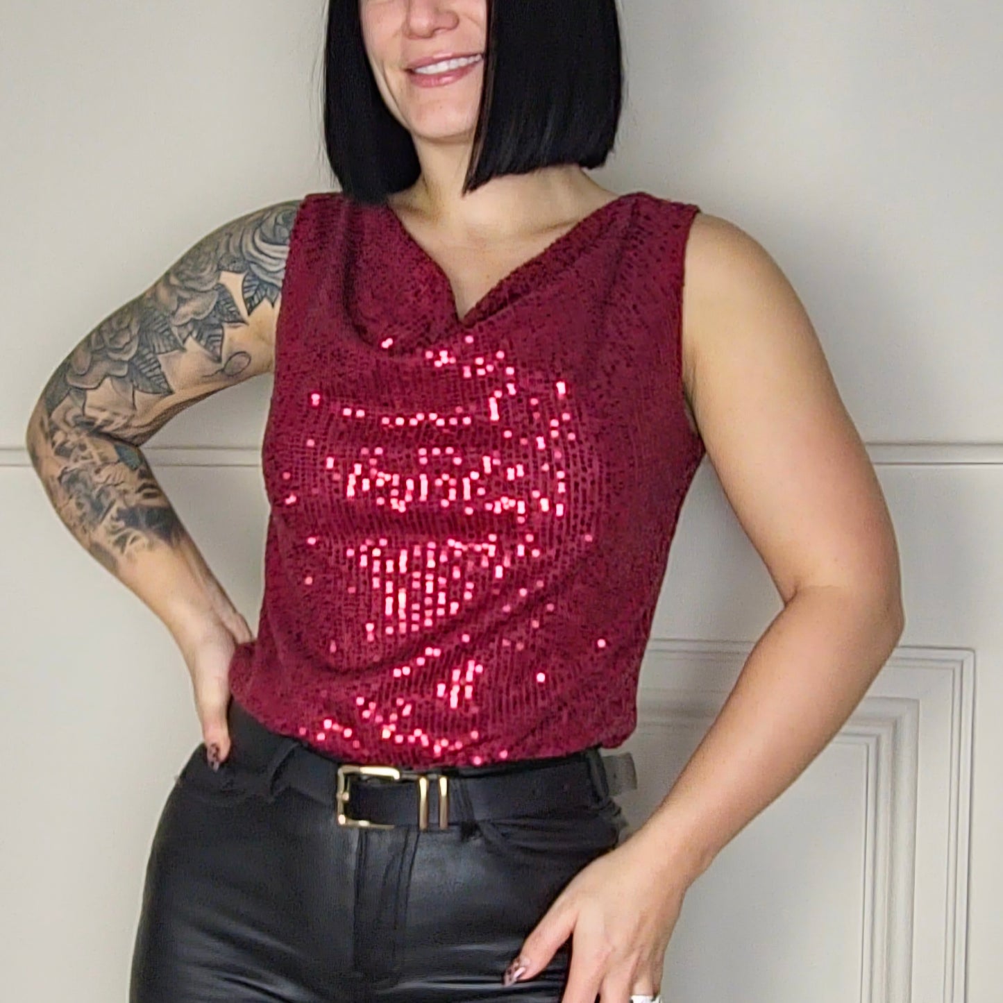 ORLA - Sequin Cowl Neck Sleeveless Top Red