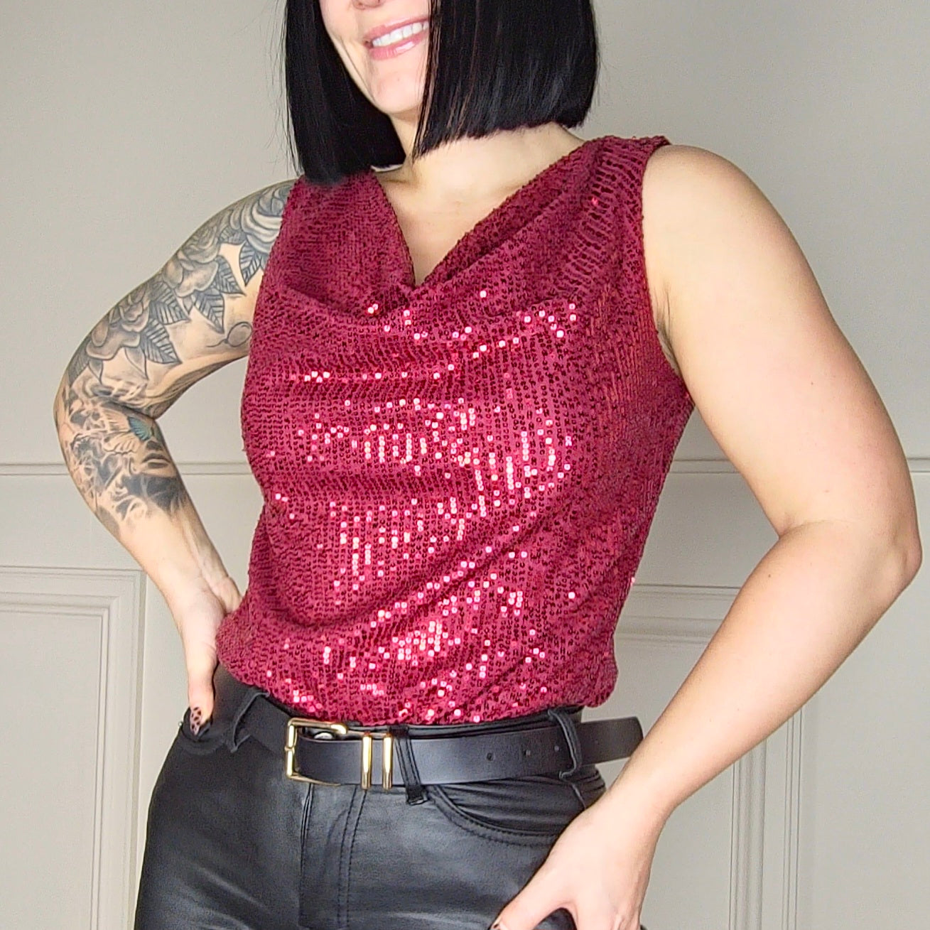 ORLA - Sequin Cowl Neck Sleeveless Top Red