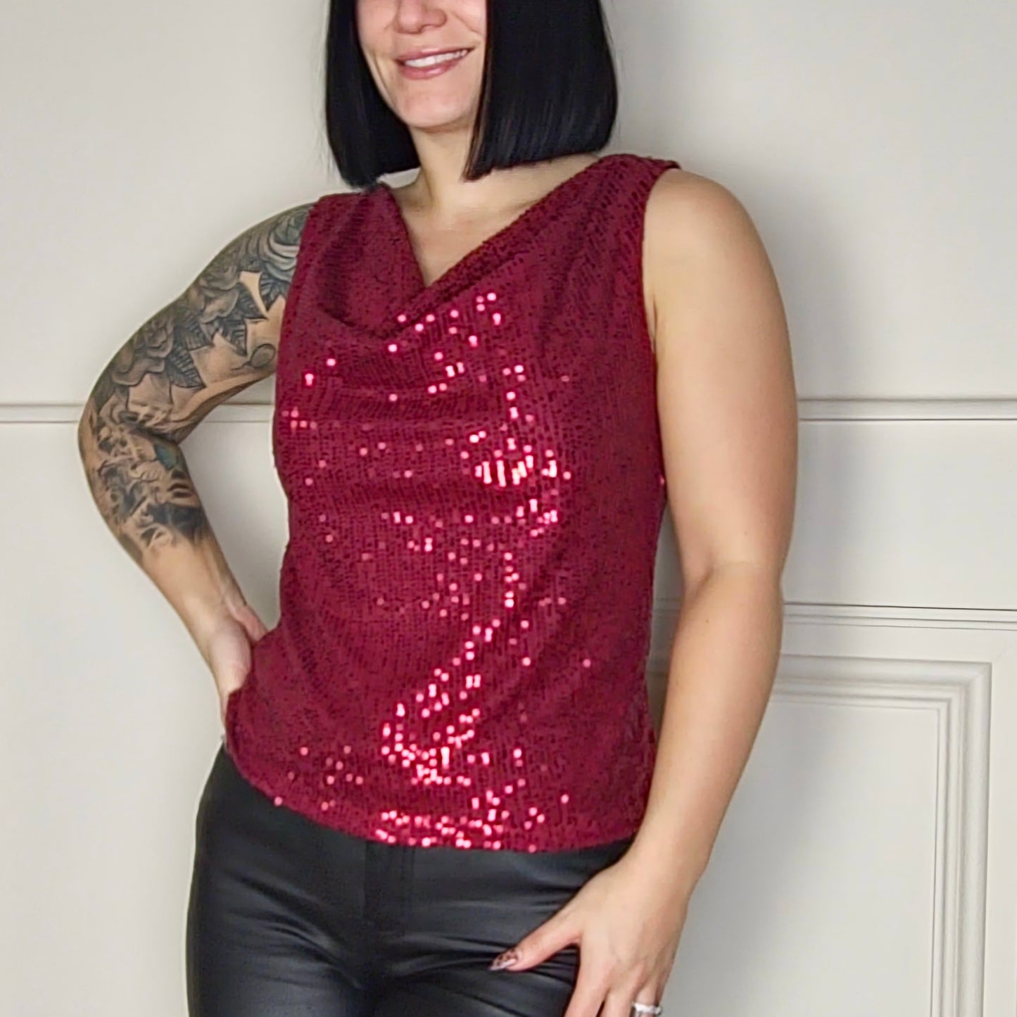ORLA - Sequin Cowl Neck Sleeveless Top Red