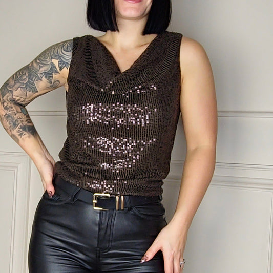ORLA - Sequin Cowl Neck Sleeveless Top Brown