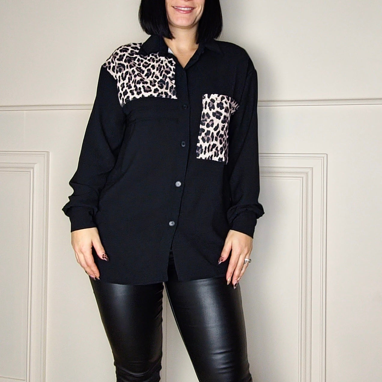 VIVIANNE - Leopard Panel Shirt Blouse