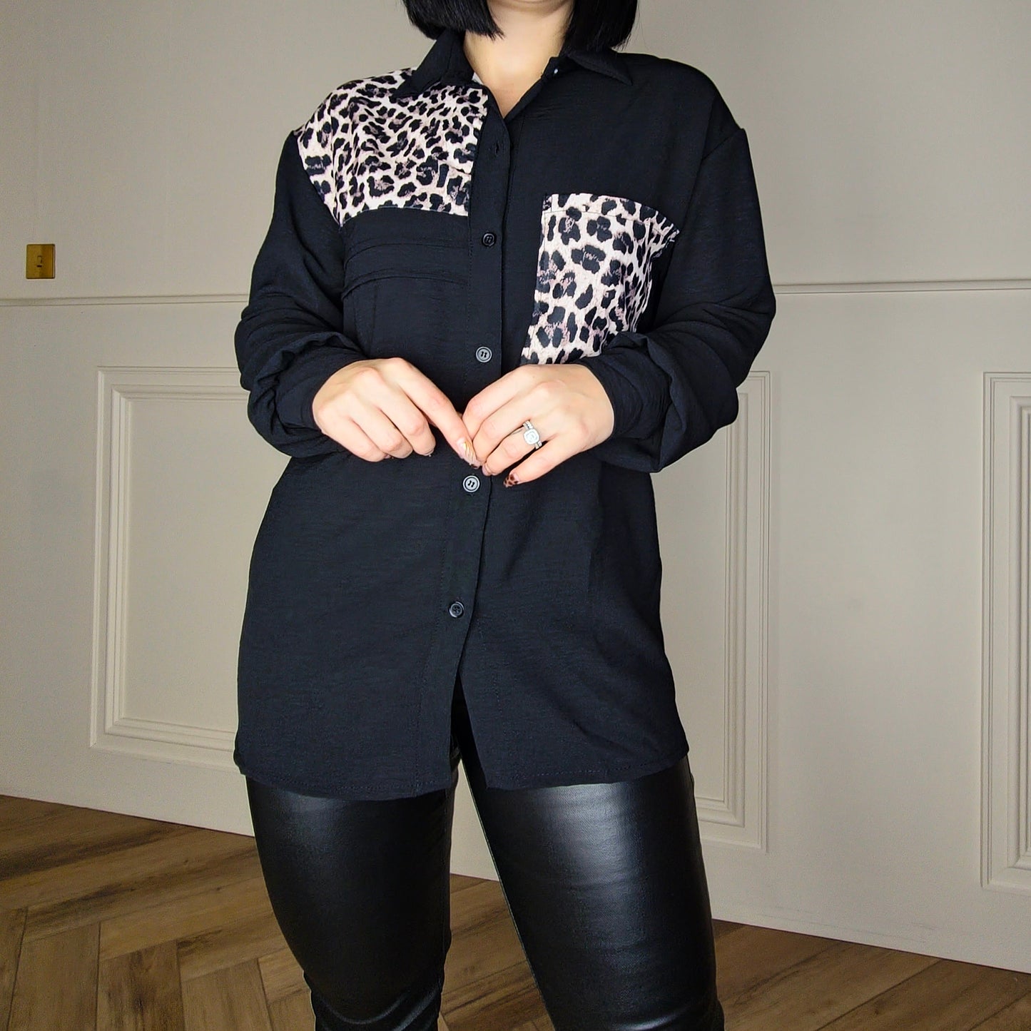 VIVIANNE - Leopard Panel Shirt Blouse