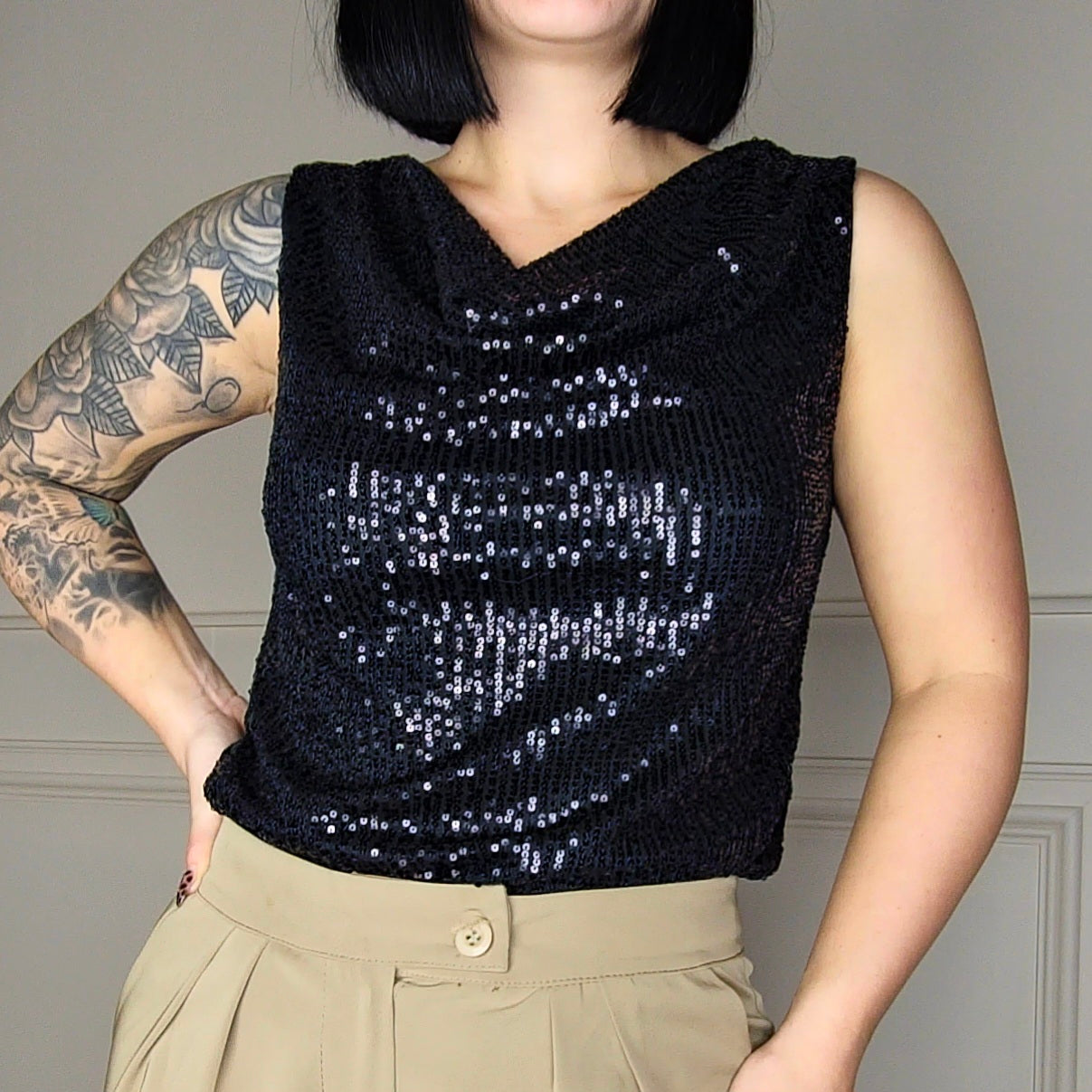 ORLA - Sequin Cowl Neck Sleeveless Top Black