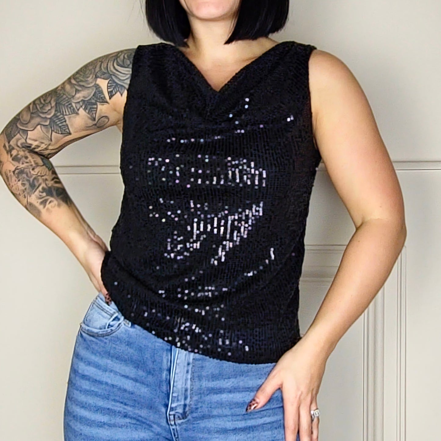 ORLA - Sequin Cowl Neck Sleeveless Top Black