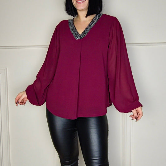 SURI - Sequin V Neck Blouse Wine